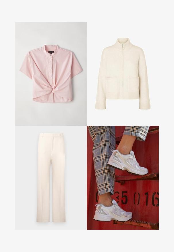 Gekürzter cremefarbener Pullover mit hohem Kragen, Frontreißverschluss und zwei Vorderaschen. Aus weichem, gestricktem Stoff mit eingeprägten Akzenten.; Kurzärmliges, pinkfarbenes Hemd mit Knopfleiste, das einen Stehkragen und ein verdrehtes Vorderteil aufweist, gefertigt aus einem glatten Baumwollmischgewebe.; Beige maßgeschneiderte Hose mit geradem Schnitt, aus leichtem Stoff gefertigt. Sie verfügt über Vorderfalten und einen klassischen Bund.; Weiße Mesh-Sneaker mit silbernen Akzenten und einer strukturierten Sohle, platziert auf einer roten Oberfläche, kombiniert mit karierter Hose.