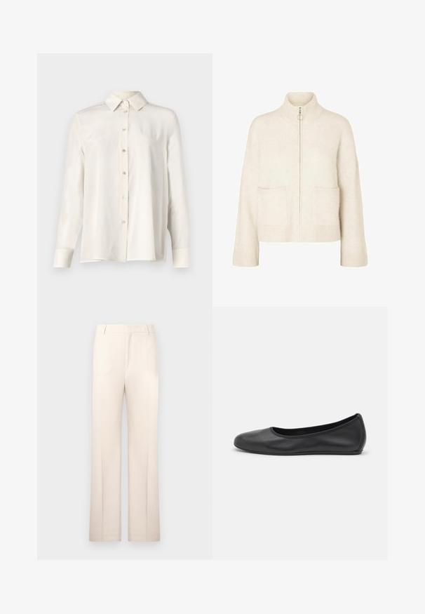 Cropped cream sweater with a high collar, front zipper, and two front pockets. Made of soft, knitted fabric with ribbed accents.; White button-up shirt in lightweight fabric, featuring a classic collar, long sleeves, and a straight cut with a smooth texture.; Beige tailored trousers with a straight-leg design, made from lightweight fabric. Features front pleats and a classic waistband.; Black leather ballet flat with a rounded toe, smooth texture, minimal stitching detail, and a flexible sole design.