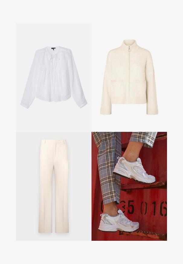 Pull crème court avec col montant, fermeture éclair avant et deux poches avant. Fabriqué en tissu tricoté doux avec des accents côtelés.; rag & bone AMARIS - Blouse - white; Pantalons beige ajustés avec une coupe droite, fabriqués en tissu léger. Dotés de plis avant et d'une taille classique.; Baskets blanches en mesh avec des accents argentés et une semelle texturée, posées sur une surface rouge, assorties à un pantalon à carreaux.