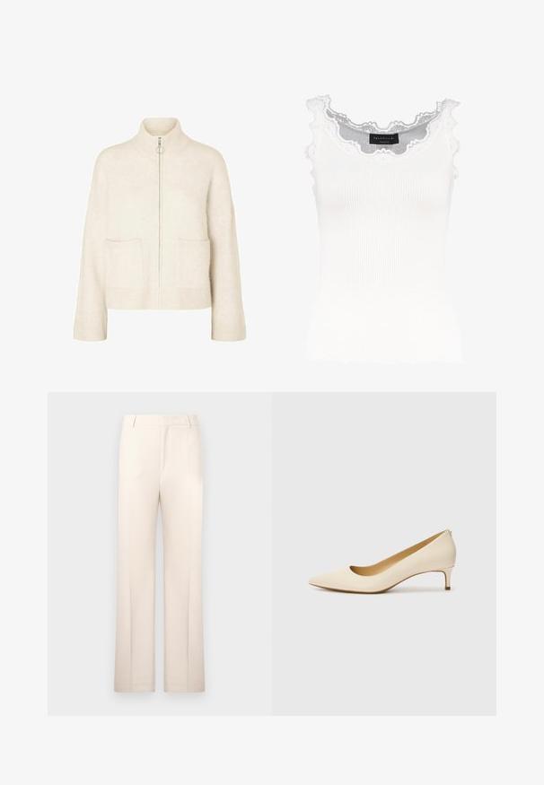 Maglione corto color crema con colletto alto, zip frontale e due tasche anteriori. Realizzato in morbido tessuto lavorato a maglia con dettagli a coste.; Top in cotone bianco a coste con pizzo sul collo e sulle maniche. Presenta una texture morbida e una forma aderente. Etichetta del marchio visibile all'interno.; Pantaloni beige su misura con design a gamba dritta, realizzati in tessuto leggero. Presentano pieghe frontali e una cintura classica.; Décolleté beige a punta realizzato in materiale sintetico liscio, con tacco basso e design slip-on, caratterizzato da un sottile dettaglio posteriore.