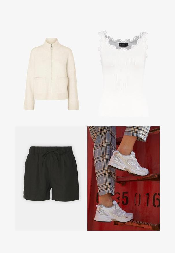 Pulover scurt de crem cu guler înalt, fermoar frontal și două buzunare în față. Confecționat dintr-o țesătură moale, tricotată, cu accente cu dungi.; Top de damă alb cu dungi, cu dantelă pe decolteu și pe mâneci. Caracteristici: textură moale și formă ajustată. Eticheta brandului vizibilă la interior.; Pantaloni scurți negri din in, cu talie elastică și șnur reglabil. Au un design simplu și o textură respirabilă.; Adidași albi din plasă cu accente argintii și o talpă texturată, așezați pe o suprafață roșie, asociați cu pantaloni în carouri.