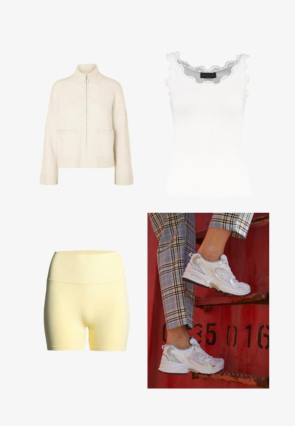 Skrócony sweter w kolorze kremowym z wysokim kołnierzem, przednim zamkiem błyskawicznym i dwoma przednimi kieszeniami. Wykonany z miękkiej, dzianinowej tkaniny z prążkowanymi akcentami.; Biały prążkowany top na ramiączkach z koronkowym wykończeniem przy dekolcie i rękawach. Posiada miękką teksturę i dopasowany krój. Wewnątrz widoczna metka marki.; Żółte szorty z materiału o gładkiej fakturze, z prążkowanym pasem, o średniej długości, idealne do sportu lub na co dzień.; Białe siatkowe sneakersy z srebrnymi akcentami i teksturowaną podeszwą, umieszczone na czerwonej powierzchni, w połączeniu z materiałowymi spodniami w kratę.
