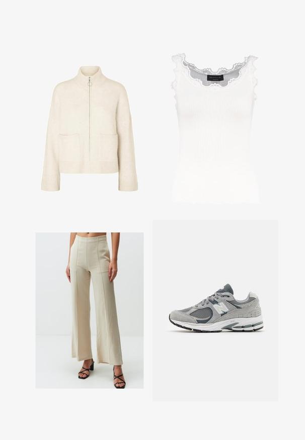 Cropped crèmekleurige sweater met een hoge kraag, rits aan de voorkant en twee voorzakken. Gemaakt van zacht, gebreid materiaal met geribbelde accenten.; Witte geribbelde tanktop met kantafwerking op de halslijn en mouwen. Het heeft een zachte textuur en een fitted vorm. Merklabel zichtbaar aan de binnenkant.; Beige wijde broek met hoge taille, met zichtbare naaddetails. Gecombineerd met zwarte sandalen met blokhak en bandjes.; Grijze sneaker van mesh en suede materialenen, met een wit logo, gevoerde kraag en een geribbeld rubberen zool. Accentkleuren in donkerder grijs.