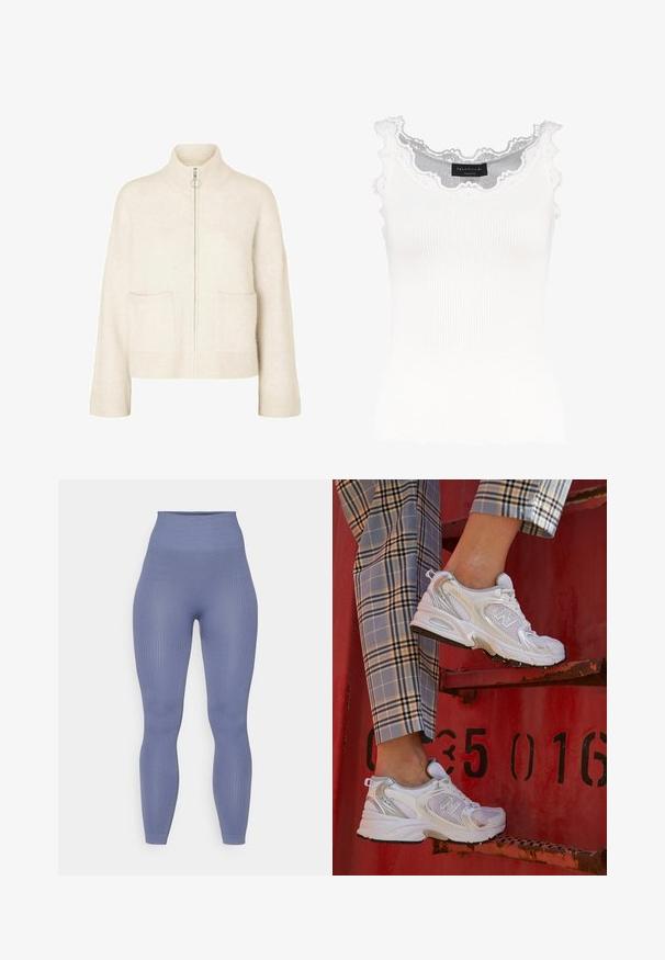Rövidített krémszínű pulóver magas gallérral, elülső cipzárral és két elülső zsebbel. Puha, kötött anyagból készült, bordázott részletekkel.; Fehér, bordázott ujjatlan felső csipkés díszítéssel a nyakán és az ujjakon. Puha tapintása és testhez simuló fazonja van. A márkajelzés látható belül.; Magas derekú bordás leggings puha kék anyagból, sima textúrával és testhezálló sziluettel, boka hosszúságig nyúlik.; Fehér hálós sportcipők ezüst részletekkel és texturált talppal, egy piros felületen elhelyezve, kockás nadrággal párosítva.