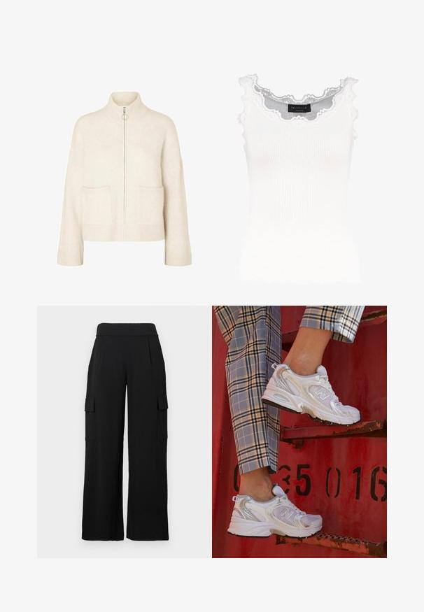 Kratka krema pulover s visokim ovratnikom, sprednjim zadrgo in dvema sprednjima žepoma. Narejen iz mehke pletene tkanine z rebrastimi dodatki.; Bela rebrasta majica bez rukava z čipkastim obodom na izrezu in rokavih. Ima mehko teksturo in prilegajočo obliko. Znamka vidna znotraj.; Črne hlače cargo s širokimi nogavi, narejene iz gladkega, elastičnega materiala. Imajo dve stranski žepki z zaponkami in visok pas.; Bele mrežne superge s srebrnimi detajli in teksturirano podplatom, postavljene na rdeči površini, v kombinaciji s karirastimi hlačami.