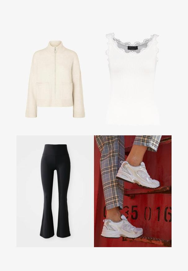 Kratka krema pulover s visokim ovratnikom, sprednjim zadrgo in dvema sprednjima žepoma. Narejen iz mehke pletene tkanine z rebrastimi dodatki.; Bela rebrasta majica bez rukava z čipkastim obodom na izrezu in rokavih. Ima mehko teksturo in prilegajočo obliko. Znamka vidna znotraj.; Črne razširjene joga hlače iz elastičnega materiala z visokim pasom, ki imajo gladko teksturo in brez vidnih vzorcev ali dekorativnih elementov.; Bele mrežne superge s srebrnimi detajli in teksturirano podplatom, postavljene na rdeči površini, v kombinaciji s karirastimi hlačami.