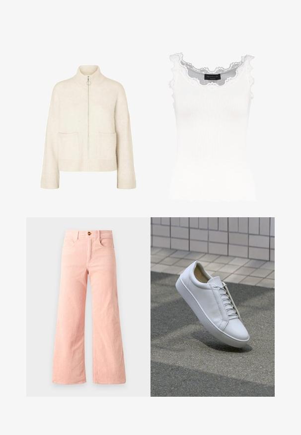 Skraćeni krem pulover s visokim ovratnikom, prednjim patentnim zatvaračem i dva prednja džepa. Izrađen od mekog, pletenog materijala s rebrastim detaljima.; Bijela rebrasta majica bez rukava s čipkastim rubovima na izrezu i rukavima. Ima mekanu teksturu i prilagođen oblik. Oznaka branda vidljiva unutra.; Roze kordurovske hlače širokih nogavica s rebrastom teksturom, s dva prednja džepa i metalnim kopčanjem.; Bijele kožne tenisice s okruglim vrhom, ravnim potplatom i šest parova rupica za vezanje. Glatka tekstura i minimalistički dizajn s detaljima šivanja.