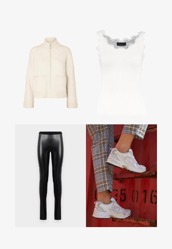 Suéter crema recortado con cuello alto, cremallera frontal y dos bolsillos delanteros. Fabricado en un suave tejido de punto con detalles de canalé.; Top de tirantes blanco de canalé con encaje en el escote y las mangas. Presenta una textura suave y una forma ajustada. Etiqueta de la marca visible en el interior.; Leggings de imitación piel negra con una textura suave, silueta ajustada y una cinturilla ancha. Sin costuras o patrones visibles.; Zapatillas de malla blancas con detalles plateados y una suela texturizada, situadas sobre una superficie roja, acompañadas de pantalones a cuadros.