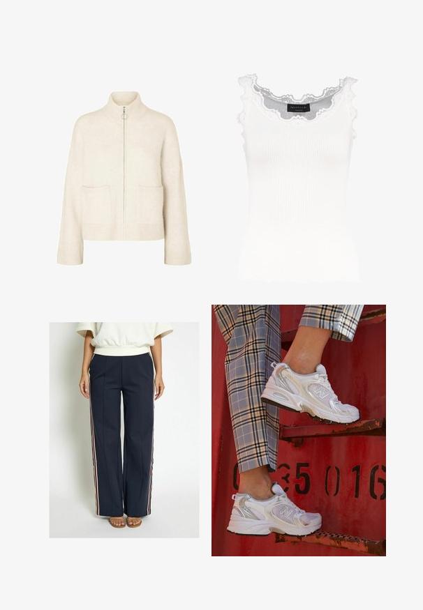Cropped crèmekleurige sweater met een hoge kraag, rits aan de voorkant en twee voorzakken. Gemaakt van zacht, gebreid materiaal met geribbelde accenten.; Witte geribbelde tanktop met kantafwerking op de halslijn en mouwen. Het heeft een zachte textuur en een fitted vorm. Merklabel zichtbaar aan de binnenkant.; Navy wijdvallende broek van een zachte stof, voorzien van zijstrepen in rood, wit en blauw. Gedetailleerd met voorplooien.; Witte mesh sneakers met zilveren accenten en een gestructureerde zool, gepositioneerd op een rode ondergrond, gecombineerd met gestreepte broek.