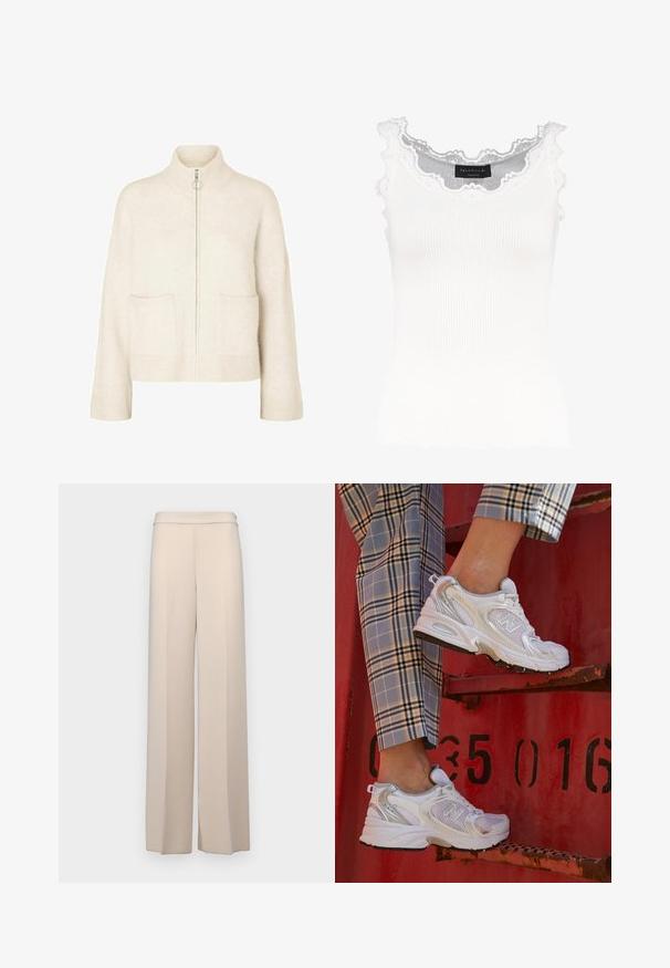 Cropped cream sweater with a high collar, front zipper, and two front pockets. Made of soft, knitted fabric with ribbed accents.; White ribbed tank top with lace trim on the neckline and sleeves. Features a soft texture and fitted shape. Brand label visible inside.; Beige wide-leg pants in a smooth fabric, featuring a high waist and subtle front pleats. No pockets or visible hardware details.; White mesh sneakers with silver accents and a textured sole, positioned on a red surface, paired with plaid trousers.