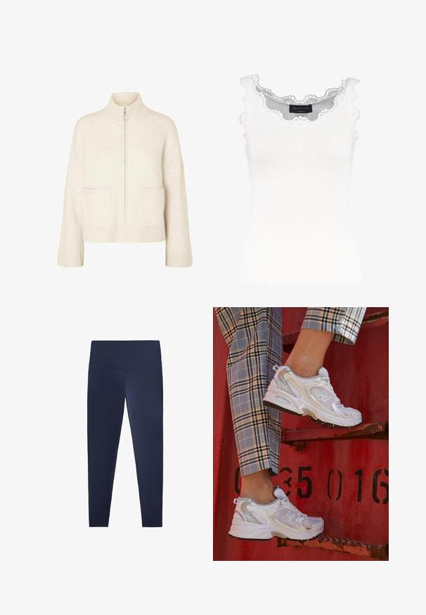 Pulover scurt de crem cu guler înalt, fermoar frontal și două buzunare în față. Confecționat dintr-o țesătură moale, tricotată, cu accente cu dungi.; Top de damă alb cu dungi, cu dantelă pe decolteu și pe mâneci. Caracteristici: textură moale și formă ajustată. Eticheta brandului vizibilă la interior.; Leggings bleumarin dintr-un material elastic și neted, cu un talie înaltă. Proiectate să se potrivească strâns, oferind lungime completă până la glezne.; Adidași albi din plasă cu accente argintii și o talpă texturată, așezați pe o suprafață roșie, asociați cu pantaloni în carouri.