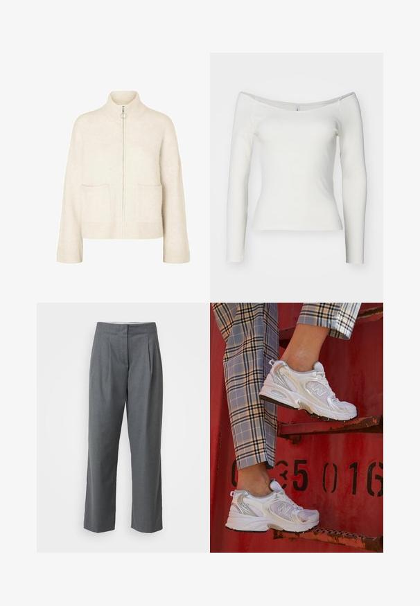 Lühendatud kreemvärvi sviiter kõrge kaelusega, ees lukk ja kaks eesmist taskut. Valmistatud pehmest, kudumist kangast ribakujundustega.; Valge avatud õlgadega pika varrukaga top, mis on valmistatud soonikmaterjalist. Liibuv disain, millel on sile tekstuur ja sirge äär.; Hallid kohandatud püksid sirge sääre lõikega, mis on varustatud sileda tekstuuri, ees olevate voldikute ja küljetaskutega. Nähtavaid riistu või aksessuaare pole.; Valged võrkkudumist sneakers hõbedaste aktsentidega ja tekstuurse tallaga, paigutatud punasel pinnal, koos ruuduliste pükstega.