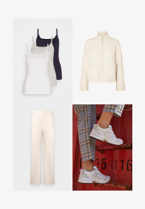 Maglione corto color crema con colletto alto, zip frontale e due tasche anteriori. Realizzato in morbido tessuto lavorato a maglia con dettagli a coste.; Tre canotte in bianco, grigio e blu scuro. Realizzate in morbido cotone, con spalline sottili e un design aderente senza decorazioni.; Pantaloni beige su misura con design a gamba dritta, realizzati in tessuto leggero. Presentano pieghe frontali e una cintura classica.; Sneaker bianchi in rete con accenti argento e suola testurizzata, posizionati su una superficie rossa, abbinati a pantaloni a scacchi.