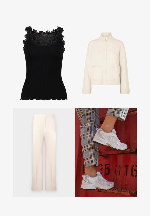 Gekürzter cremefarbener Pullover mit hohem Kragen, Frontreißverschluss und zwei Vorderaschen. Aus weichem, gestricktem Stoff mit eingeprägten Akzenten.; Schwarzes, geripptes Tanktop mit Spitzenbesatz am Halsausschnitt und an den Armausschnitten. Verfügt über ein figurnahes Design und gewellte Kanten für zusätzliche Textur.; Beige maßgeschneiderte Hose mit geradem Schnitt, aus leichtem Stoff gefertigt. Sie verfügt über Vorderfalten und einen klassischen Bund.; Weiße Mesh-Sneaker mit silbernen Akzenten und einer strukturierten Sohle, platziert auf einer roten Oberfläche, kombiniert mit karierter Hose.