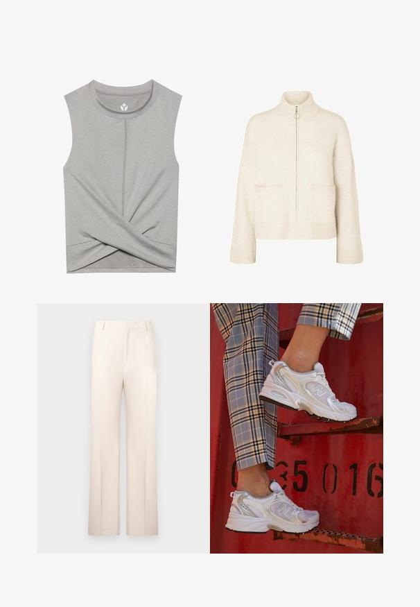 Maglione corto color crema con colletto alto, zip frontale e due tasche anteriori. Realizzato in morbido tessuto lavorato a maglia con dettagli a coste.; Top grigio senza maniche con scollatura tonda, caratterizzato da un design a torsione davanti e cuciture piatte per il massimo comfort. Tessuto morbido e elasticizzato.; Pantaloni beige su misura con design a gamba dritta, realizzati in tessuto leggero. Presentano pieghe frontali e una cintura classica.; Sneaker bianchi in rete con accenti argento e suola testurizzata, posizionati su una superficie rossa, abbinati a pantaloni a scacchi.