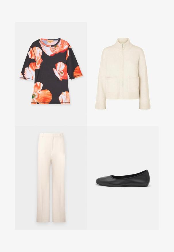 Rövidített krémszínű pulóver magas gallérral, elülső cipzárral és két elülső zsebbel. Puha, kötött anyagból készült, bordázott részletekkel.; Fekete ing háromnegyedes ujjakkal, nagy piros és narancs virágmintákkal díszítve. Puha anyag, kerek nyakkivágással és kontrasztos díszítéssel.; Beige, egyenes szárú szabott nadrág, könnyű anyagból készült. Elöl redők és klasszikus derékpánt jellemzi.; Fekete bőr balettcipő lekerekített orral, sima tekstúrával, minimális varrással és rugalmas talp kialakítással.