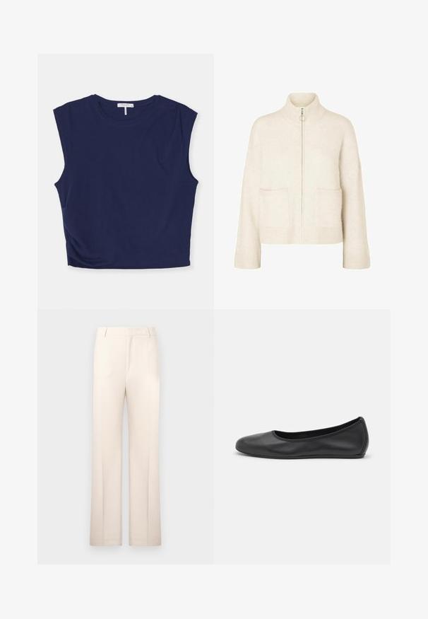 Kratota krēma džemperis ar augstu apkakli, priekšējo rāvējslēdzēju un divām priekšējām kabatām. Izgatavots no mīkstas adītas auduma ar ribotām detaļām.; Tumši zilo krāsā īsā bez piedurknēm tops, izgatavots no mīkstas auduma, ar apaļu kakla izgriezumu un nedaudz strukturētām plecu daļām, ar gludu tekstūru.; Beige izstrādāti bikses ar taisnu kāju dizainu, izgatavotas no viegla auduma. Iekļauj priekšējos plecus un klasisku jostasvietu.; Melna ādas baleta kurpe ar noapaļotu purngalu, gludu tekstūru, minimālu šuvju detalizāciju un elastīgu zoles dizainu.