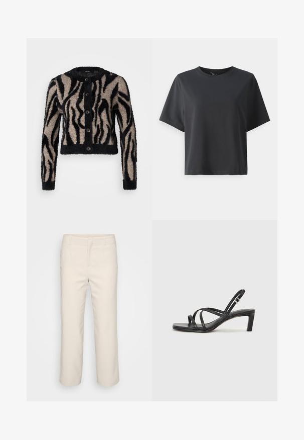 Vero Moda Petite VMVALENTINA O NECK CARDIGAN - Vesta na kopčanje - black/silver mink; Crna pamučna majica, kratki rukavi, okrugli izrez, opušteni kroj, glatka tekstura, jednostavan dizajn, bez uzoraka ili naglasaka.; Bež hlače krojene sa ravnim nogavicama, ravnim prednjim dijelom i dva bočna džepa. Izrađene su od glatkog materijala s čistim završetkom.; Crne sandale s trakama, kvadratnim prstom i niskom blok petom. Ima više tankih trakica i podesivu trakicu oko gležnja. Izrađene su od glatke kože.