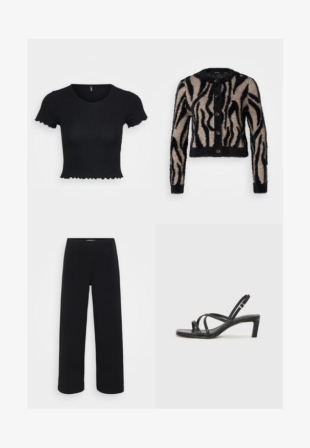 Vero Moda Petite VMVALENTINA czarny; Czarny prążkowany top w formie crop, krótki rękaw z falbaniastymi brzegami, okrągły dekolt, teksturowany materiał, dopasowany krój.; Czarne szerokie spodnie z elastycznym pasem. Wykonane z teksturowanego materiału, charakteryzujące się luźnym krojem i prostym fasonem od bioder do dołu.; Czarne sandały na obcasie z prostokątnym noskiem i niskim słupkowym obcasem. Posiadają wiele cienkich pasków i regulowany pasek na kostkę. Wykonane z gładkiej skóry.