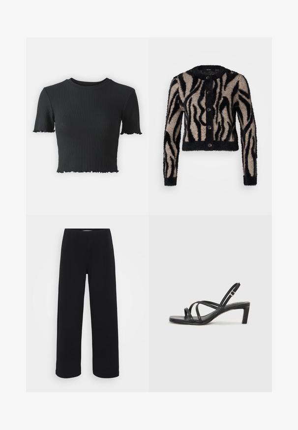 Vero Moda Petite VMVALENTINA O NECK CARDIGAN - Kardigan - black/silver mink; Černý žebrovaný crop top s krátkými rukávy, který má kulatý výstřih a třepený lem pro zvýšení textury. Vyrobeno z pružného materiálu.; Černé kalhoty s širokými nohavicemi a elastickým pasem. Vyrobené z texturovaného materiálu, mají volný střih a rovný zakončení od boků až po lem.; Černé sandály na tenkém podpatku se čtveratou špičkou a nízkým blokovým podpatkem. Mají několik tenkých popruhů a nastavitelné zapínání okolo kotníku. Vyrobeny z hladké kůže.