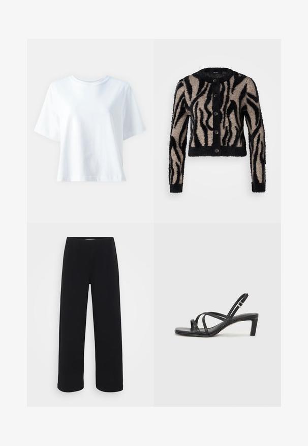 Vero Moda Petite VMVALENTINA O NECK CARDIGAN - Kardigan - black/silver mink; Bílý bavlněný tričko s kulatým výstřihem, krátkými rukávy, volným střihem a hladkou texturou. Bez vzorů nebo akcentů.; Černé kalhoty s širokými nohavicemi a elastickým pasem. Vyrobené z texturovaného materiálu, mají volný střih a rovný zakončení od boků až po lem.; Černé sandály na tenkém podpatku se čtveratou špičkou a nízkým blokovým podpatkem. Mají několik tenkých popruhů a nastavitelné zapínání okolo kotníku. Vyrobeny z hladké kůže.