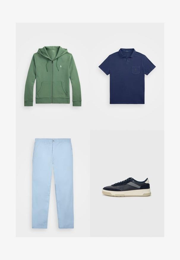 Sudadera verde con cremallera hecha de una tela suave, con una gran capucha, dos bolsillos frontales y un pequeño logo bordado en el pecho.; Polo de color azul marino con un cuello corto, un bolsillo en el pecho y un logotipo bordado. Fabricado en una tela suave y texturizada.; Polo Ralph Lauren POLO PREPSTER CLASSIC FIT CHINO PANT - Pantalones chinos - office blue; BOSS BALTIMORE - Zapatillas - open blue