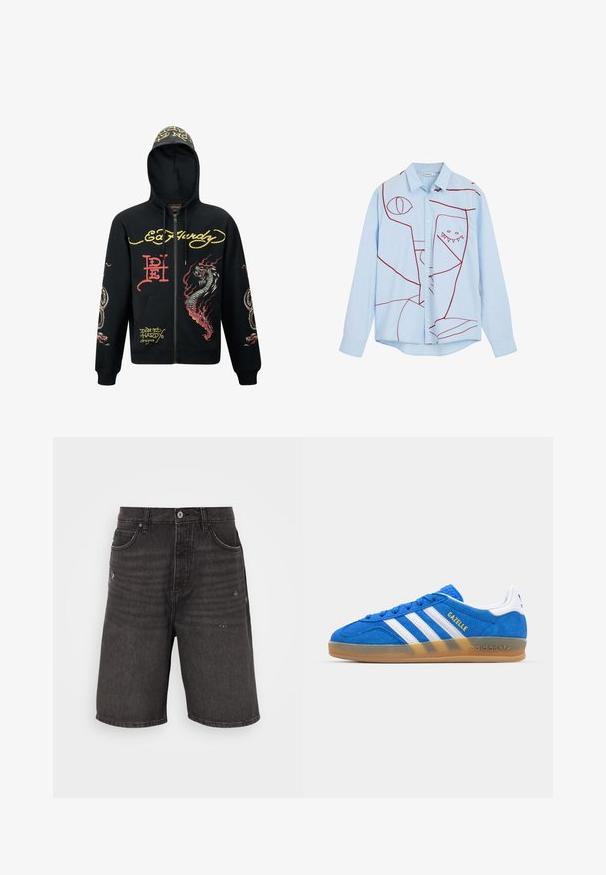 Sudadera negra con cremallera y capucha, que presenta gráficos coloridos de dragones y serpientes, tejido texturizado, puños acanalados y acentos de logo.; Camisa de botonadura azul claro con bordado abstracto rojo, que incluye ojos y un diseño con dientes, con un cuello clásico y mangas largas.; Shorts de mezclilla negra con un corte relajado, que cuentan con bolsillos frontales, una textura desgastada y una cinturilla clásica con un cierre de botón sencillo.; Zapatillas de ante azul con rayas blancas y texto "Gazelle". Presentan una suela de goma y detalles texturizados en la parte superior. Diseño clásico.