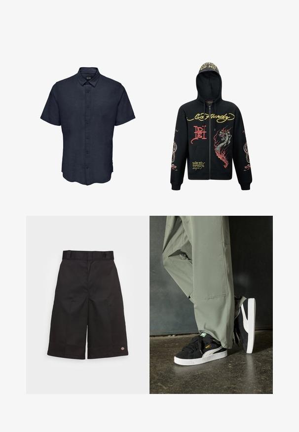 Felpa nera con zip e cappuccio, caratterizzata da grafiche colorate di draghi e serpenti, tessuto testurizzato, polsini a costine e dettagli con logo.; Only & Sons ONSCAIDEN - Camicia - night sky; Pantaloni corti neri in cotone con taglio dritto, lunghi fino al ginocchio, caratterizzati da un logo del marchio ben visibile sull'orlo e una trama liscia.; Sneaker in suede nero con suole in gomma bianca e strisce laterali, abbinate a pantaloni cargo verde chiaro, in piedi su una superficie scura e texture.