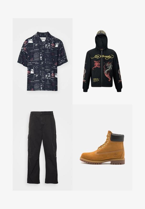 Sudadera negra con cremallera y capucha, que presenta gráficos coloridos de dragones y serpientes, tejido texturizado, puños acanalados y acentos de logo.; Iceberg Camisa - blu scuro; Pantalones cargo negros con un diseño de pierna recta, que cuentan con dos bolsillos laterales, un cierre de botón y una tela texturada.; Botín de ante marrón claro con collar acolchado negro, ojales de metal dorado, detalles de costura blanca y suela de goma resistente con tacos pronunciados.