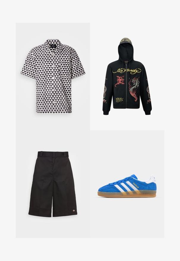 Felpa nera con zip e cappuccio, caratterizzata da grafiche colorate di draghi e serpenti, tessuto testurizzato, polsini a costine e dettagli con logo.; Camicia a maniche corte in tessuto bianco con motivo a cuori blu navy. Caratterizzata da una chiusura frontale con bottoni, colletto e una tasca sul lato sinistro del petto.; Pantaloni corti neri in cotone con taglio dritto, lunghi fino al ginocchio, caratterizzati da un logo del marchio ben visibile sull'orlo e una trama liscia.; Sneaker in suede blu con strisce bianche e testo "Gazelle". Presenta suola in gomma e accenti testurizzati sulla parte superiore. Design classico.