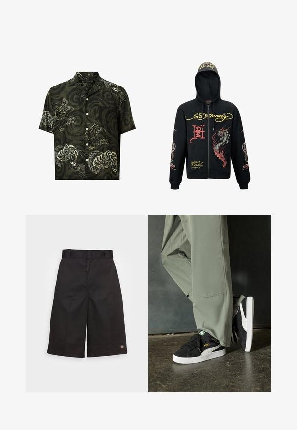 Zwarte rits hoodie met capuchon, voorzien van kleurrijke draak- en slangafbeeldingen, gestructureerde stof, ribgebreide boorden en logo-accenten.; Korte mouwen shirt in donkergroene katoen met witte draak- en bloemenpatronen, met een ingesneden kraag en knoopsluiting aan de voorkant.; Zwarte katoenen shorts met een rechte snit, knielengte, voorzien van een zichtbaar merklogo op de zoom en een gladde textuur.; Zwarte suède sneakers met witte rubberen zolen en zijstrepen, gecombineerd met lichtgroene cargobroeken, staande op een gestructureerd donker oppervlak.