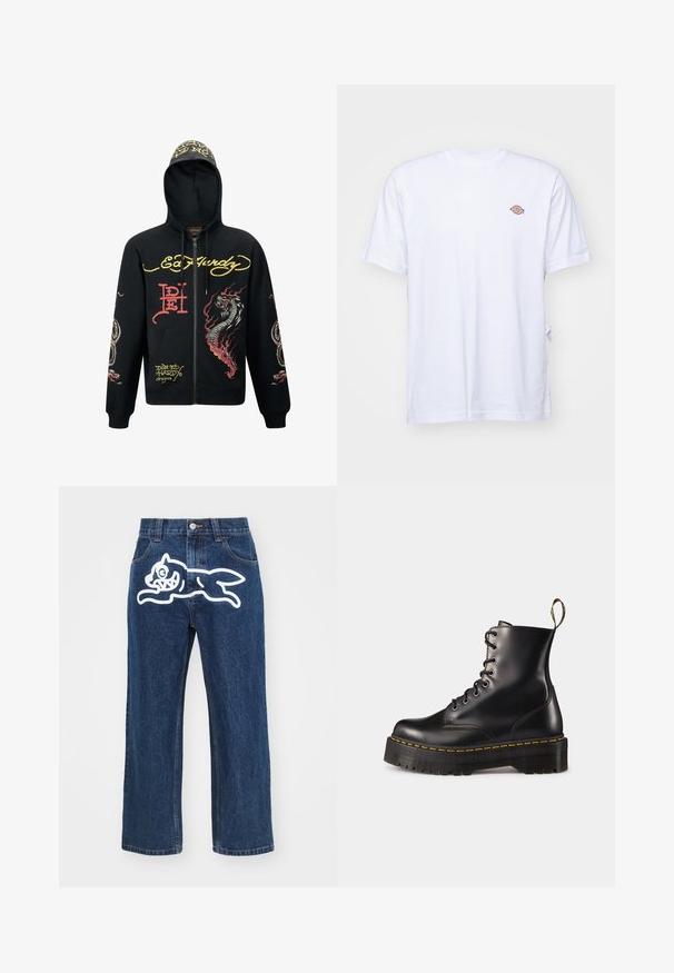 Mustat vetoketjuhupparit, joissa on huppu, värikkäitä lohikäärme- ja käärmegrafiikoita, teksturoitua kangasta, ribattu hihansuu sekä logotunnuksia.; Valkoinen puuvillapaita V-kaula-aukolla ja lyhyillä hihoilla. Etupuolella pieni värikäs brodeeraus vasemmalla rintakehässä. Pehmeä materiaali.; Tummansiniset leveälahkeiset farkut, joissa on suuri valkoinen sarjakuvakoira -grafiikka takataskussa. Farkkukangas, perinteinen viiden taskun muotoilu.; Mustat nahkasaappaat, joissa on nyöritys nilkkoihin asti, paksu musta pohja ja keltaset ompeleet. Takana vetotappi ja pyöreät metalliset silmukat.