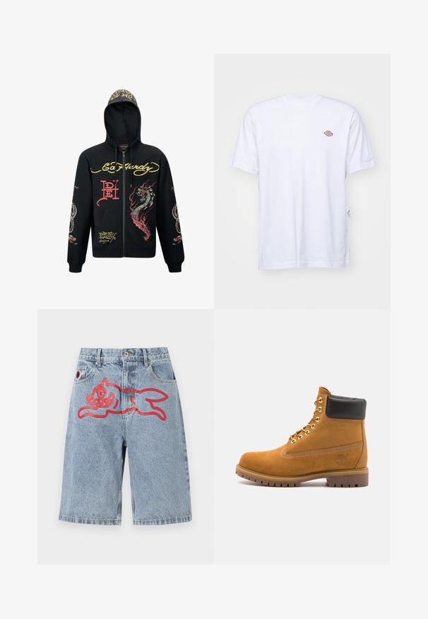 Černá mikina s kapucí na zip, zdobená barevnými grafikami draka a hada, texturovanou tkaninou, žebrovanými manžetami a logovými akcenty.; Bílý bavlněný tričko s výstřihem do V a krátkými rukávy. Na levé části hrudi se nachází malé barevně vyšívané logo. Měkká textura.; Světlé modré džíny šortky s volným střihem, na zadní straně s velkým červeným potiskem běžícího zvířete. Design s pěti kapsami a zapínáním na knoflík.; Hnědé semišové kotníkové boty s černým polstrovaným límcem, zlatými kovovými očky, bílým prošíváním a odolnou gumovou podrážkou s výraznými drážkami.