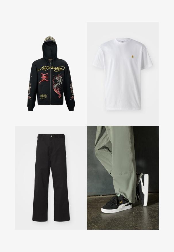 Haut de hoodie noir zippé avec une capuche, présentant des graphismes colorés de dragon et de serpent, un tissu texturé, des poignets côtelés et des accents de logo.; T-shirt en coton blanc à manches courtes, col rond, avec un petit logo doré sur la poitrine gauche. Texture douce et coupe régulière.; Pantalons noirs en tissu durable avec une coupe droite, dotés d'une fermeture à bouton à l'avant, de passants de ceinture et sans motifs ni accents visibles.; Baskets en daim noir avec des semelles en caoutchouc blanc et des rayures sur les côtés, associées à un pantalon cargo vert clair, posées sur une surface sombre texturée.