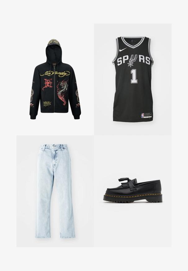 Sudadera negra con cremallera y capucha, que presenta gráficos coloridos de dragones y serpientes, tejido texturizado, puños acanalados y acentos de logo.; Camiseta de baloncesto negra con "SPURS" en blanco, con el número "1" y un logo de Nike. Hecha de tela de malla, con un escote redondo y ribetes en los laterales.; Jeans de mezclilla azul claro con corte recto, que presentan una cintura alta, cinco bolsillos y un cierre de botón. Textura deslavada en toda su superficie.; Mocasín de cuero negro con un acento de borlas, que presenta una suela gruesa negra y costuras amarillas a lo largo del borde. Acabado texturizado.