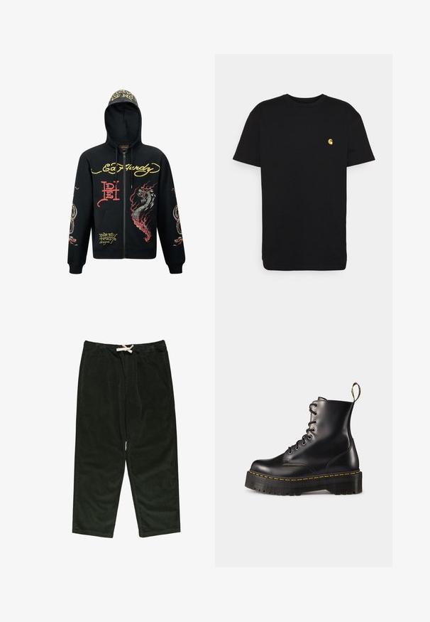 Czarna rozpinana bluza z kapturem, z kolorowymi grafikami smoka i węża, teksturowana tkanina, ściągacze u rękawów oraz akcenty z logo.; Czarna bawełniana koszulka z krótkim rękawem, okrągłym dekoltem i małym żółtym logo na lewej piersi. Prosty design i regularny krój.; Ciemnozielone spodnie z korduroy z elastycznym pasem i sznurkiem, luźny krój oraz boczne kieszenie. Miękka tekstura i prosty krój nogawek.; Czarne skórzane buty za kostkę z sznurówkami, z masywną czarną podeszwą i żółtym przeszyciem. Posiadają pętelkę z tyłu oraz okrągłe metalowe oczka.