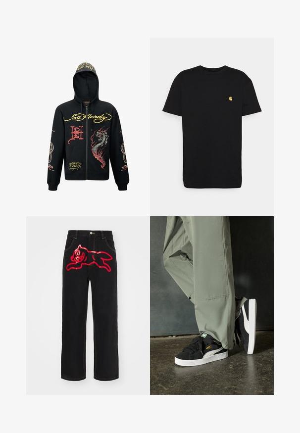 Zwarte rits hoodie met capuchon, voorzien van kleurrijke draak- en slangafbeeldingen, gestructureerde stof, ribgebreide boorden en logo-accenten.; Zwarte katoenen t-shirt met korte mouwen, ronde hals en een klein geel logo op de linker borst. Eenvoudig ontwerp en normale pasvorm.; Zwarte denim spijkerbroek met een grote rode afbeelding van een springende kat op de achterzak, met contrasterende gele stiksels langs de naden.; Zwarte suède sneakers met witte rubberen zolen en zijstrepen, gecombineerd met lichtgroene cargobroeken, staande op een gestructureerd donker oppervlak.