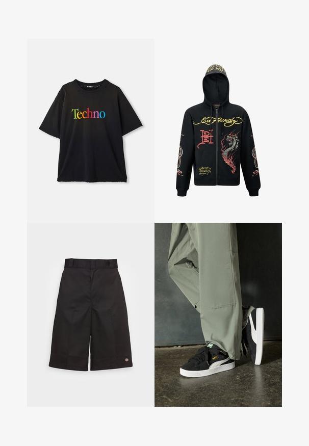 Svart zip-up hoodie med huva, med färgglada drake- och ormgrafik, texturerat tyg, ribbade ärmslut och logotypdetaljer.; Svart t-shirt med korta ärmar med "Techno" tryckt med stora, färgglada bokstäver över bröstet, med subtil slitage vid halsringningen.; Svarta bomullsshorts med rak skärning, knälånga, med en synlig logotyp vid fållen och en slät yta.; Svarta mockaskor med vita gummisulor och sidoväggar, kombinerade med ljusgröna cargobyxor, stående på en texturerad mörk yta.