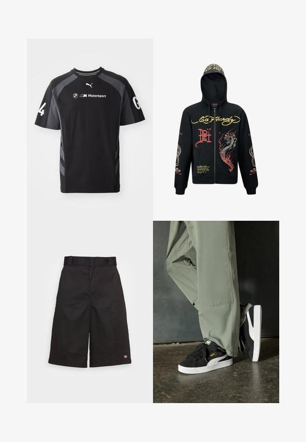 Černá mikina s kapucí na zip, zdobená barevnými grafikami draka a hada, texturovanou tkaninou, žebrovanými manžetami a logovými akcenty.; Černé tričko s šedými detaily, krátké rukávy, kulatý výstřih, s LOGO BMW a Puma, a číslem '4' na rukávu.; Černé bavlněné šortky s rovnými nohavicemi, délka po kolena, s viditelným logem značky na lemu a hladkou texturou.; Černé semišové tenisky s bílými gumovými podrážkami a bočními pruhy, spárované se světle zelenými cargo kalhotami, stojící na texturovaném tmavém povrchu.