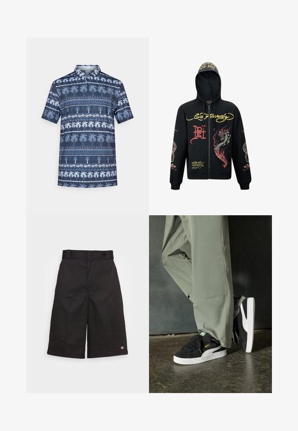 Sudadera negra con cremallera y capucha, que presenta gráficos coloridos de dragones y serpientes, tejido texturizado, puños acanalados y acentos de logo.; Camisa polo azul marino con patrón de palmeras blancas, de manga corta y con cuello. Detalles notables incluyen líneas decorativas y acentos.; Bermudas de algodón negras de corte recto, hasta la rodilla, con un logotipo visible en el dobladillo y una textura suave.; Zapatillas de ante negras con suelas de goma blancas y rayas laterales, combinadas con pantalones cargo verde claro, de pie sobre una superficie oscura texturizada.