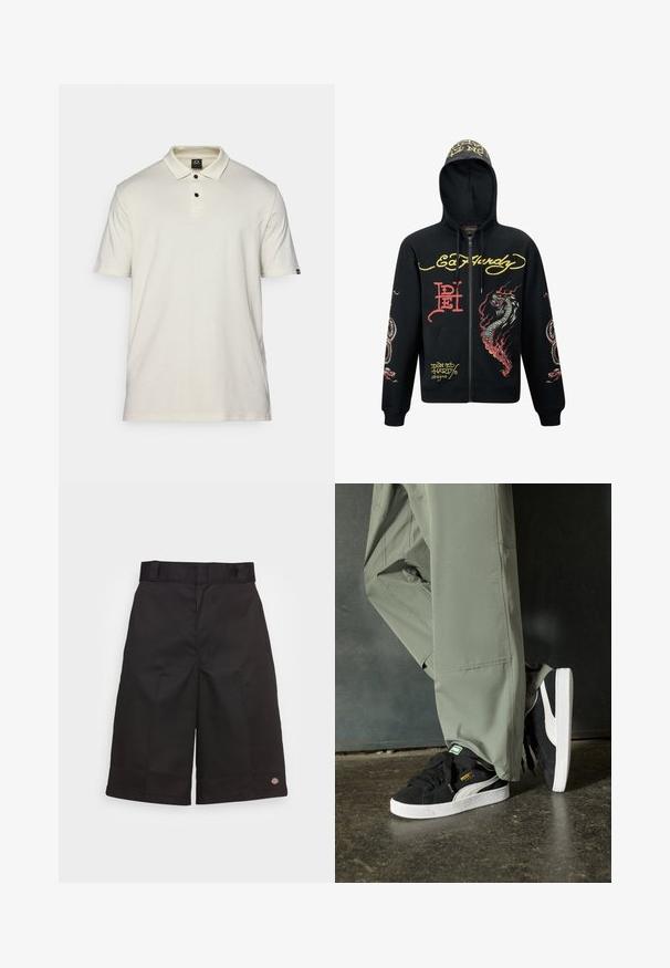 Schwarze Zip-Hoodie mit Kapuze, mit bunten Drachen- und Schlangengrafiken, strukturiertem Stoff, gerippten Bündchen und Logoakzenten.; Kurzarm-Poloshirt aus leichtem beigen Baumwollstoff, mit klassischem Kragen, Knopfverschluss mit drei Knöpfen und kleinem Logo auf dem linken Ärmel.; Schwarze Baumwollshorts mit geradem Schnitt, knielang, mit sichtbar eingesticktem Markenzeichen am Saum und einer glatten Textur.; Schwarze Wildleder-Sneaker mit weißen Gummisohlen und seitlichen Streifen, kombiniert mit hellgrünen Cargo-Hosen, stehen auf einer strukturierten dunklen Oberfläche.