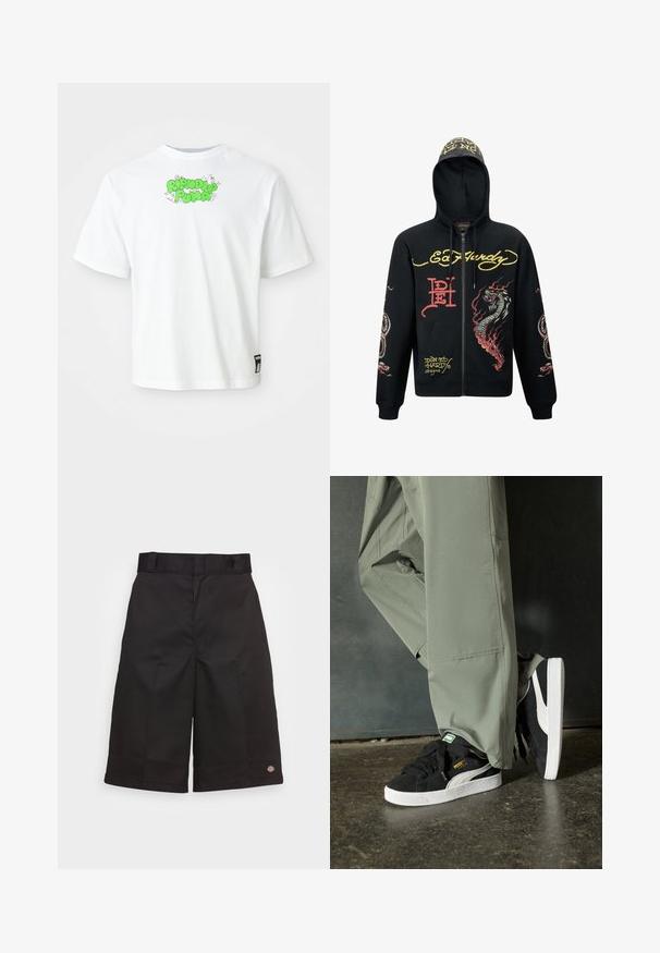 Černá mikina s kapucí na zip, zdobená barevnými grafikami draka a hada, texturovanou tkaninou, žebrovanými manžetami a logovými akcenty.; Bílá košile s krátkými rukávy a zeleným nápisem "Ripndip Pima" s malými ilustracemi kreslené kočky poblíž výstřihu a štítkem Puma poblíž lemu.; Černé bavlněné šortky s rovnými nohavicemi, délka po kolena, s viditelným logem značky na lemu a hladkou texturou.; Černé semišové tenisky s bílými gumovými podrážkami a bočními pruhy, spárované se světle zelenými cargo kalhotami, stojící na texturovaném tmavém povrchu.