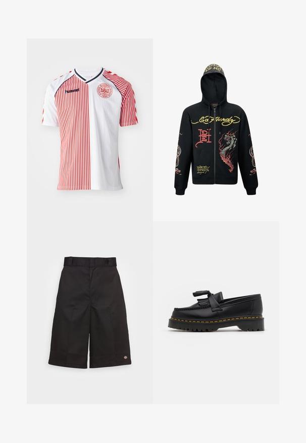 Schwarze Zip-Hoodie mit Kapuze, mit bunten Drachen- und Schlangengrafiken, strukturiertem Stoff, gerippten Bündchen und Logoakzenten.; Rot-weiß gestreiftes Kurzarmshirt mit V-Ausschnitt, das ein Logo auf der Brust und kontrastierende blaue Akzente auf den Schultern aufweist.; Schwarze Baumwollshorts mit geradem Schnitt, knielang, mit sichtbar eingesticktem Markenzeichen am Saum und einer glatten Textur.; Schwarze Lederloafers mit einem fransenverzierten Akzent, ausgestattet mit einer robusten schwarzen Sohle und gelber Naht entlang der Kante. Texturierte Oberfläche.