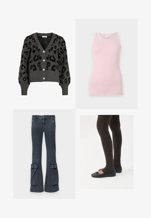 Siv cardigan z leopardjim potiskom z V-izrezom, rebrastimi manšetami in robom. Ima pet sijočih gumbov in mehko, teksturirano tkanino.; Svetlo roza majica na naramnice, izdelana iz mehkega, raztegljivega materiala. Ima okroglo ovratnico in ozke naramnice, z gladko teksturo in prilegajočo se obliko.; Temne denim flare hlače z bočnimi zadrgami in zavitimi poudarki na robovih. Gladka tekstura in klasična zasnova s petimi žepi.; Črne ravne čevlje z majhnim lokom na prstih, v kombinaciji s temno rjavimi rebrastimi nogavicami. Čevlji imajo gladko teksturo in nizko obliko.