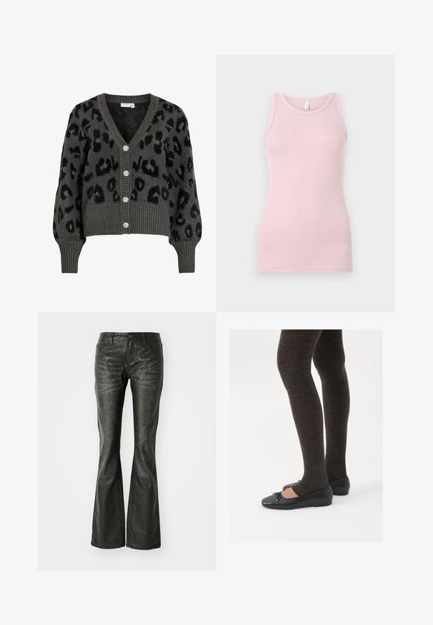 Pelēkā leoparda raksta kardigāns ar V-veida kakla izgriezumu, ribotām piedurknēm un apakšmalu. Satur piecus spīdošus pogas un mīkstu, teksturētu audumu.; Gaiši rozā bezpiedurkņu tops, kas izgatavots no mīkstas, elastīgas auduma. Tam ir apaļa kakla izgriezuma forma un šauras plecu lences, ar gludu tekstūru un pieguļošu siluetu.; Melnas mākslīgā ādas plandošas bikses ar priekšējiem kabatām, metāla pogu aizdari un nedaudz teksturētu virsmu. Taisnas kājas ar garu griezumu.; Melnas plakano formas kurpes ar mazu loku uz pirksta, apvienotas ar tumši brūnām ribotām zeķubiksēm. Kurpēm ir gluda tekstūra un zems profils.