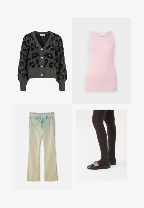 Cardigan gris à imprimé léopard avec un col en V, des poignets et un ourlet côtelés. Il comporte cinq boutons brillants et un tissu doux et texturé.; Débardeur rose clair en tissu doux et extensible. Il présente un col rond et des bretelles étroites, avec une texture lisse et une coupe ajustée.; Jean flare en denim bleu clair avec une finition délavée, présentant des passants de ceinture, deux poches avant et deux poches arrière avec des accents de couture.; Chaussures plates noires avec un petit nœud au niveau des orteils, associées à des collants côtelés marron foncé. Les chaussures ont une texture lisse et un profil bas.
