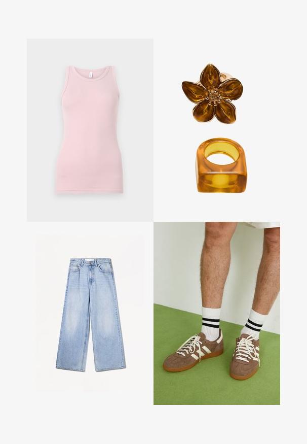 Grå leopardmønstret cardigan med v-udskæring, ribbede manchetter og kant. Har fem blanke knapper og et blødt, struktureret stof.; Lyserød tanktop lavet af blød og strækbar stof. Har en rund halsudskærm og smalle skulderstropper, med en glat tekstur og tætsiddende pasform.; Bershka WIDE-LEG - Wide leg - light-blue denim; Brune ruskind sneakers med hvide detaljer og snørebånd. Gummisål i naturgummi. Båret med hvide sokker med sorte striber. Grøn struktureret gulv.; Amberfarvet blomsteringe med en glat overflade og en rund midte, sammen med et matchende firkantet amberbånd.