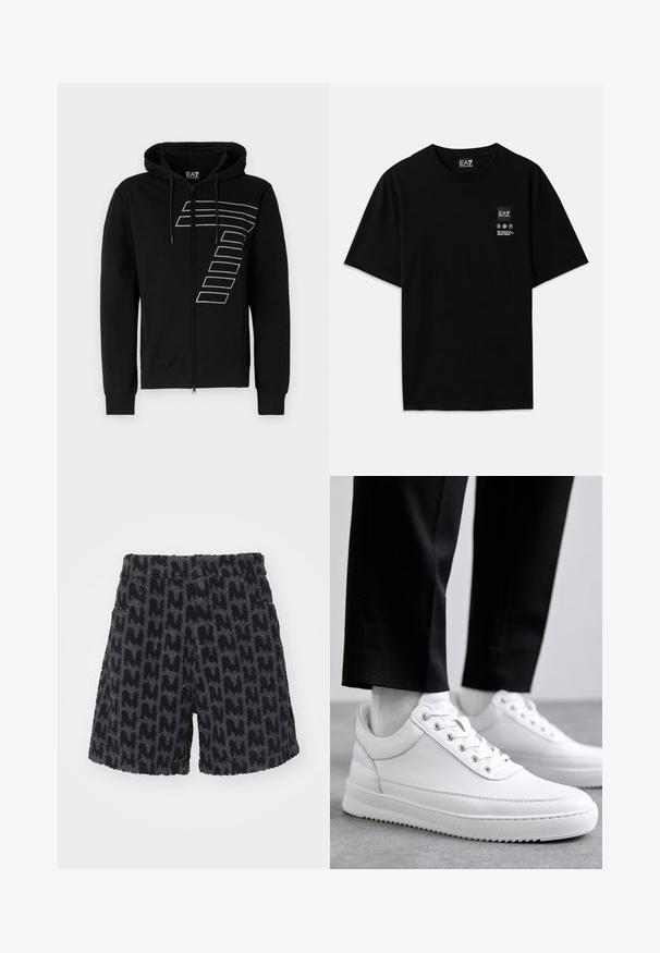 Schwarze Zip-Hoodie aus Baumwolle mit einem großen weißen Grafikmuster auf der linken Seite und Kordeln an der Kapuze.; Schwarzes Baumwoll-T-Shirt mit kurzen Ärmeln, Rundhalsausschnitt und einem kleinen Logo-Tag auf der Vorderseite, das Pflegezeichen in Weiß zeigt.; Flauschige schwarze und graue Shorts mit einem strukturierten Muster, das dem Buchstaben "M" ähnelt. Sie verfügen über einen Bund mit einem Knopf und seitlichen Taschen.; Weiße Leder-Sneaker mit flacher Gummisohle, ausgestattet mit einer glatten Oberfläche, runder Zehenpartie und Metallösen für die Schnürsenkel. Getragen mit schwarzen Hosen.