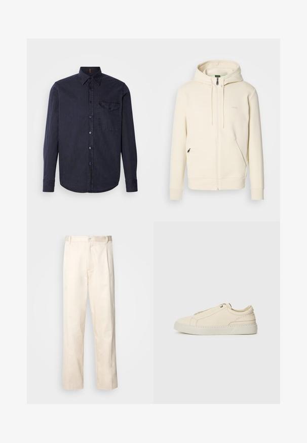 Kremo spalvos užtrauktuko džemperis su raišteliais, briaunotomis rankovėmis, dviem priekiniais užtrauktuko kišenėmis ir subtiliu "BOSS" logotipu ant krūtinės.; Tamsiai mėlyna mygtukinė marškiniai, pagaminti iš minkštos medžiagos, su kairiu krūtinės kišeniu, tamsiais mygtukais ir ilgomis rankovėmis su užsegamomis apykaklėmis.; Bežinės medvilninės kelnės su tiesiu kirpimu, turinčios mygtuko uždarymą ir priekyje raukšles papildomai dekoratyviam akcentui.; Kreminio odos sportbačiai su apvaliu nosiu, minimalistiniu dizainu, subtiliomis siuvimo detalėmis ir tekstūrine viršutine dalimi, ant šviesios pado.