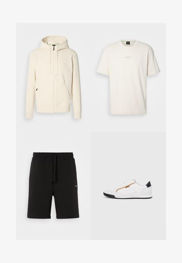 Felpa zip con cappuccio color crema, con cordini, polsini a costine, due tasche frontali con zip e logo "BOSS" discreto sul petto.; BOSS TEE - T-shirt basic - open white; Pantaloni corti neri in cotone con vita elasticizzata e cordoncino. Presentano tasche laterali e un piccolo logo sulla parte anteriore. Texture liscia.; Scarpe sportive bianche con accenti in rete e pelle. Presentano un logo dorato "BOSS", pannelli laterali testurizzati e un copri tallone nero. Suola in gomma.